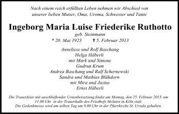 Anzeige von Ingeborg Maria Luise Friederike Ruthotto von Kölner Stadt-Anzeiger / Kölnische Rundschau / Express