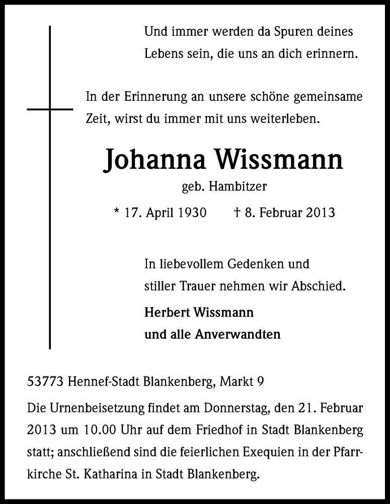  Traueranzeige für Johanna Wissmann vom 16.02.2013 aus Kölner Stadt-Anzeiger / Kölnische Rundschau / Express