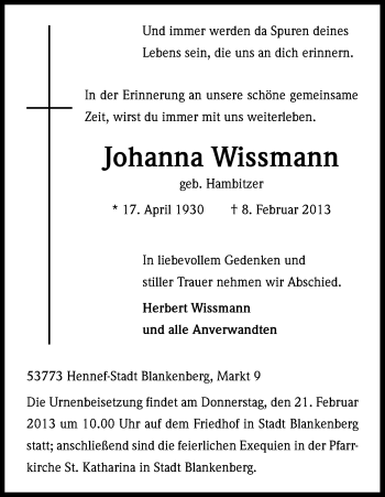 Anzeige von Johanna Wissmann von Kölner Stadt-Anzeiger / Kölnische Rundschau / Express