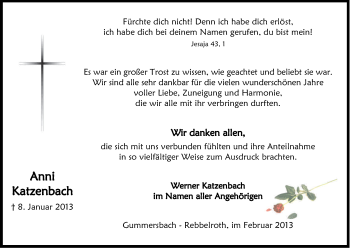 Anzeige von Anni Katzenbach von Kölner Stadt-Anzeiger / Kölnische Rundschau / Express