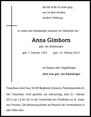 Anzeige von Anna Gimborn von Kölner Stadt-Anzeiger / Kölnische Rundschau / Express
