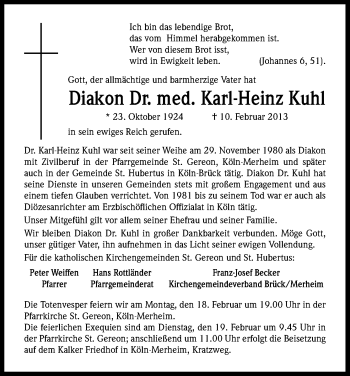 Anzeige von Karl-Heinz Kuhl von Kölner Stadt-Anzeiger / Kölnische Rundschau / Express