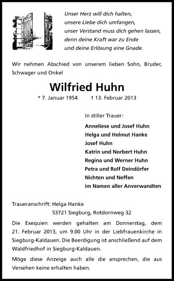 Anzeige von Wilfried Huhn von Kölner Stadt-Anzeiger / Kölnische Rundschau / Express