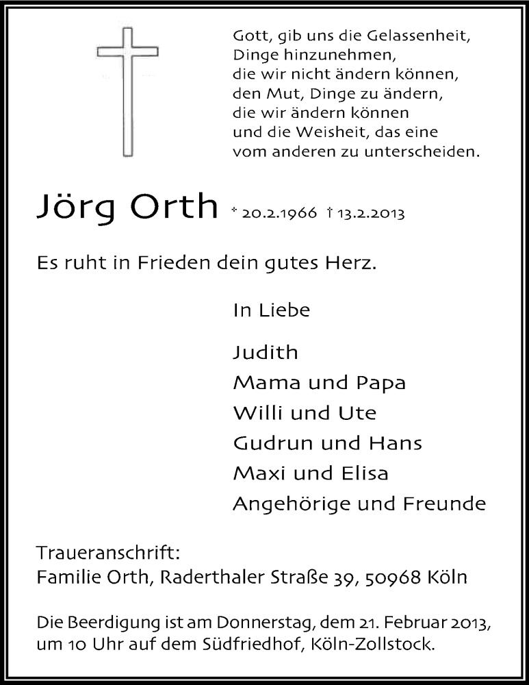  Traueranzeige für Jörg Orth vom 19.02.2013 aus Kölner Stadt-Anzeiger / Kölnische Rundschau / Express