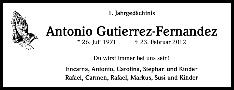 Traueranzeige für Antonio Gutierrez-Fernandez vom 23.02.2013 aus Kölner Stadt-Anzeiger / Kölnische Rundschau / Express