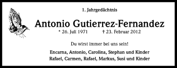 Anzeige von Antonio Gutierrez-Fernandez von Kölner Stadt-Anzeiger / Kölnische Rundschau / Express