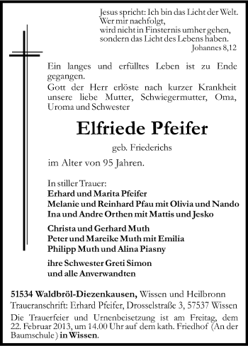 Anzeige von Elfriede Pfeifer von Kölner Stadt-Anzeiger / Kölnische Rundschau / Express