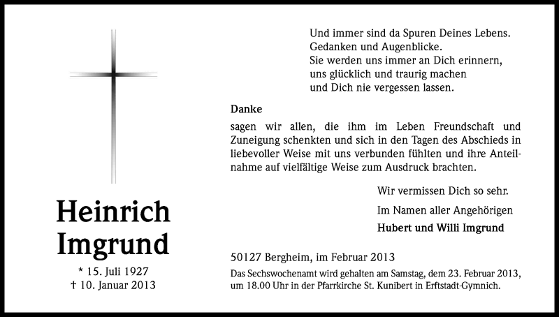  Traueranzeige für Heinrich Imgrund vom 20.02.2013 aus Kölner Stadt-Anzeiger / Kölnische Rundschau / Express