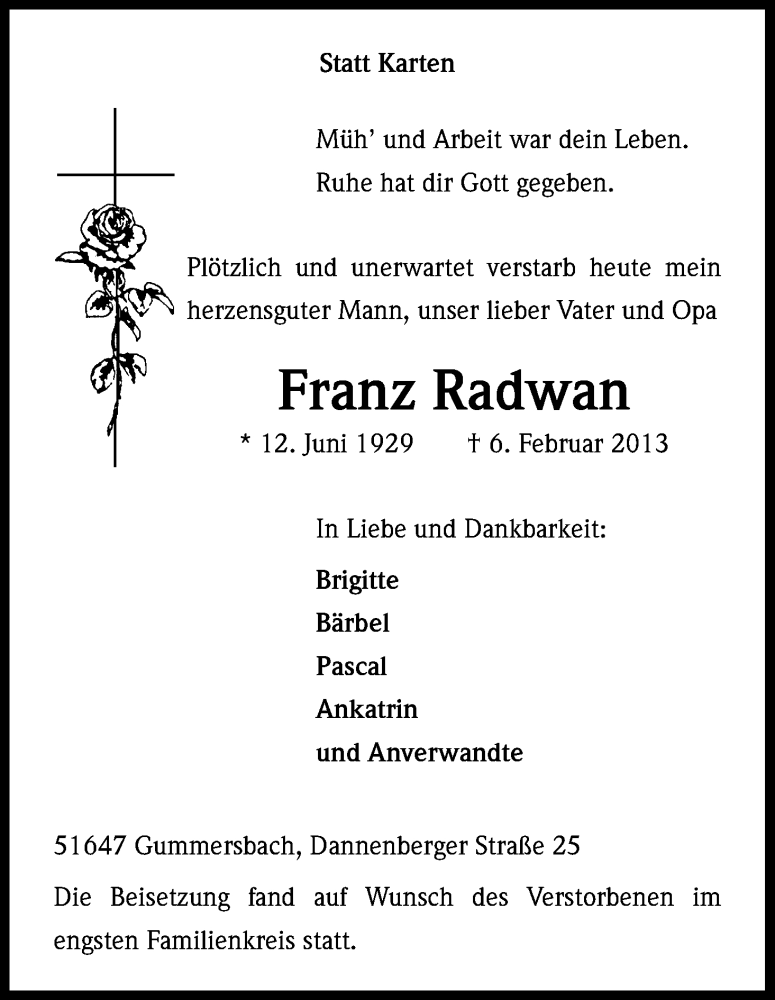  Traueranzeige für Franz Radwan vom 04.03.2013 aus Kölner Stadt-Anzeiger / Kölnische Rundschau / Express