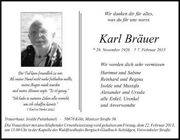 Anzeige von Karl Bräuer von Kölner Stadt-Anzeiger / Kölnische Rundschau / Express
