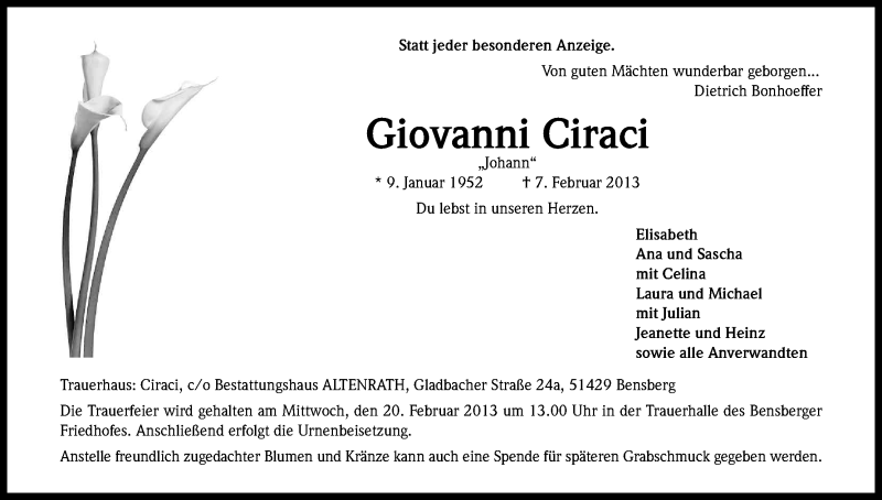  Traueranzeige für Giovanni Ciraci vom 16.02.2013 aus Kölner Stadt-Anzeiger / Kölnische Rundschau / Express