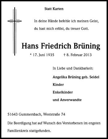 Anzeige von Hans Friedrich Brüning von Kölner Stadt-Anzeiger / Kölnische Rundschau / Express