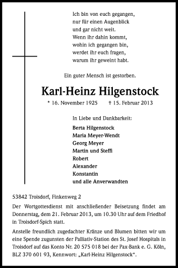 Anzeige von Karl-Heinz Hilgenstock von Kölner Stadt-Anzeiger / Kölnische Rundschau / Express
