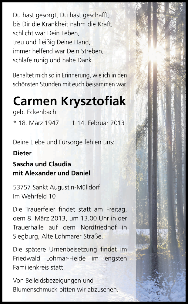  Traueranzeige für Carmen Krysztofiak vom 18.02.2013 aus Kölner Stadt-Anzeiger / Kölnische Rundschau / Express