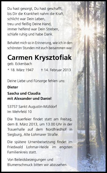 Anzeige von Carmen Krysztofiak von Kölner Stadt-Anzeiger / Kölnische Rundschau / Express