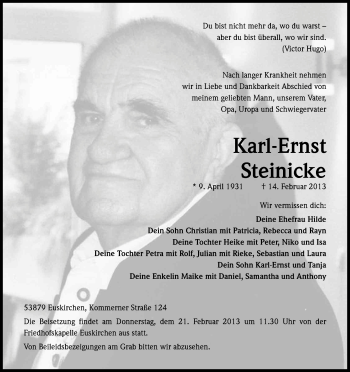Anzeige von Karl-Ernst Steinicke von Kölner Stadt-Anzeiger / Kölnische Rundschau / Express