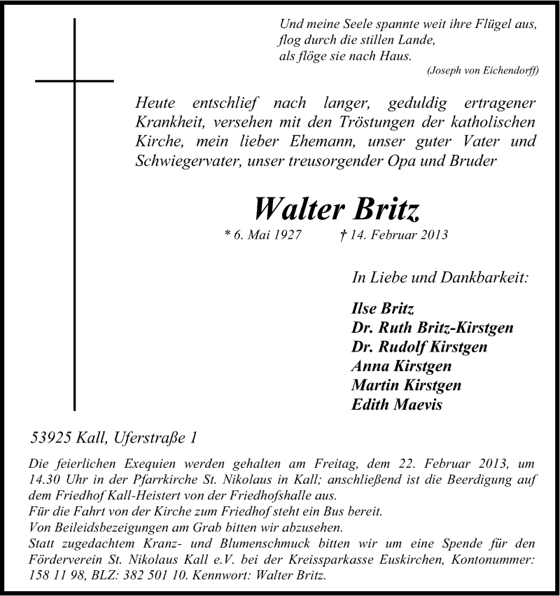  Traueranzeige für Walter Britz vom 18.02.2013 aus Kölner Stadt-Anzeiger / Kölnische Rundschau / Express