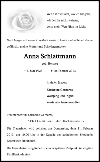 Anzeige von Anna Schlattmann von Kölner Stadt-Anzeiger / Kölnische Rundschau / Express