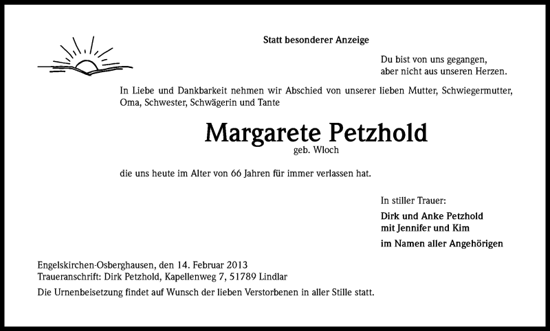  Traueranzeige für Margarete Petzhold vom 18.02.2013 aus Kölner Stadt-Anzeiger / Kölnische Rundschau / Express