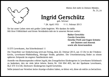 Anzeige von Ingrid Gerschütz von Kölner Stadt-Anzeiger / Kölnische Rundschau / Express