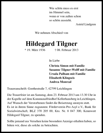 Anzeige von Hildegard Tilgner von Kölner Stadt-Anzeiger / Kölnische Rundschau / Express