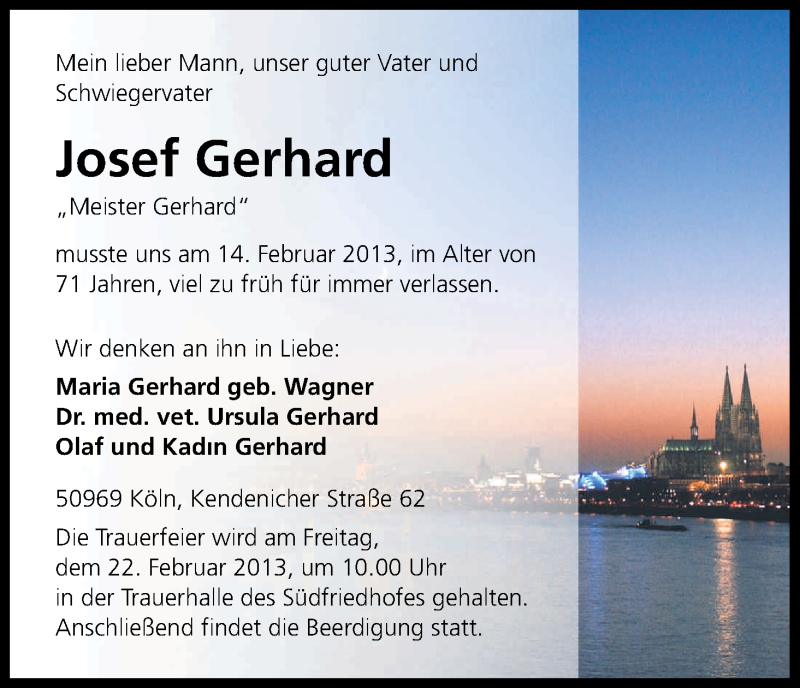  Traueranzeige für Josef Gerhard vom 20.02.2013 aus Kölner Stadt-Anzeiger / Kölnische Rundschau / Express