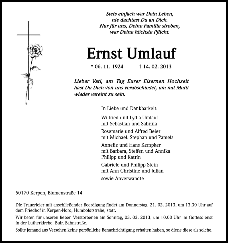  Traueranzeige für Ernst Umlauf vom 18.02.2013 aus Kölner Stadt-Anzeiger / Kölnische Rundschau / Express
