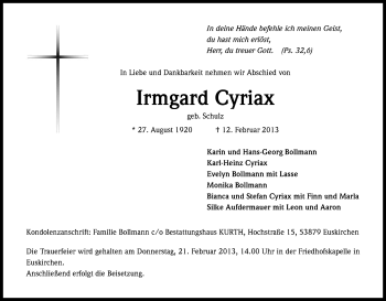 Anzeige von Irmgard Cyriax von Kölner Stadt-Anzeiger / Kölnische Rundschau / Express
