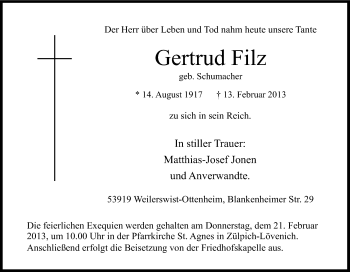 Anzeige von Gertrud Filz von Kölner Stadt-Anzeiger / Kölnische Rundschau / Express
