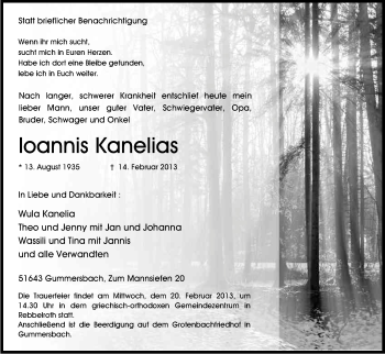 Anzeige von Ioannis Kanelias von Kölner Stadt-Anzeiger / Kölnische Rundschau / Express