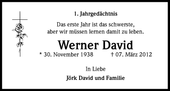 Anzeige von Werner David von Kölner Stadt-Anzeiger / Kölnische Rundschau / Express