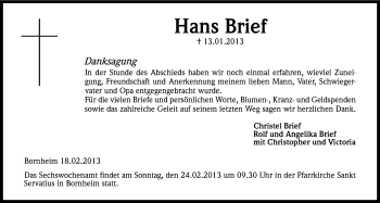 Anzeige von Hans Brief von Kölner Stadt-Anzeiger / Kölnische Rundschau / Express