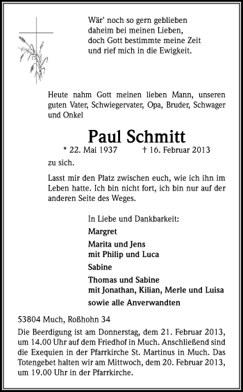 Anzeige von Paul Schmitt von Kölner Stadt-Anzeiger / Kölnische Rundschau / Express