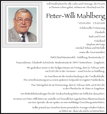 Anzeige von Peter-Willi Mahlberg von Kölner Stadt-Anzeiger / Kölnische Rundschau / Express