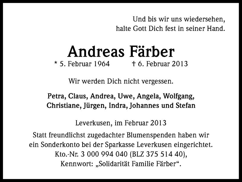  Traueranzeige für Andreas Färber vom 19.02.2013 aus Kölner Stadt-Anzeiger / Kölnische Rundschau / Express