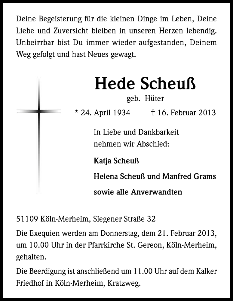  Traueranzeige für Hede Scheuss vom 19.02.2013 aus Kölner Stadt-Anzeiger / Kölnische Rundschau / Express