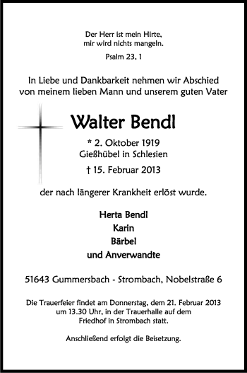 Anzeige von Walter Bendl von Kölner Stadt-Anzeiger / Kölnische Rundschau / Express