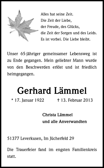 Anzeige von Gerhard Lämmel von Kölner Stadt-Anzeiger / Kölnische Rundschau / Express