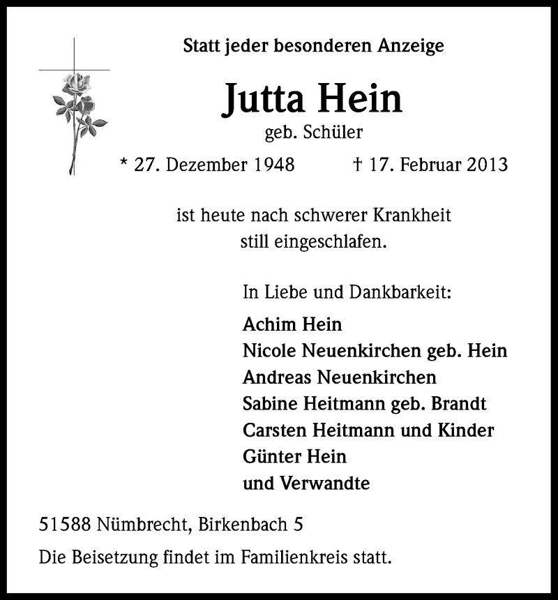  Traueranzeige für Jutta Hein vom 19.02.2013 aus Kölner Stadt-Anzeiger / Kölnische Rundschau / Express