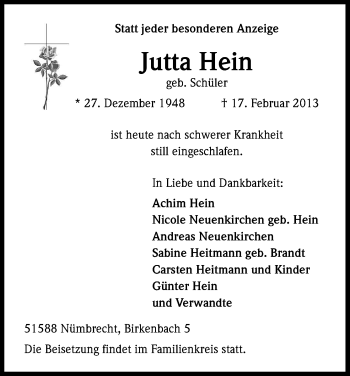 Anzeige von Jutta Hein von Kölner Stadt-Anzeiger / Kölnische Rundschau / Express