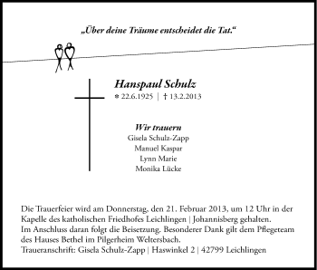 Anzeige von Hanspaul Schulz von Kölner Stadt-Anzeiger / Kölnische Rundschau / Express