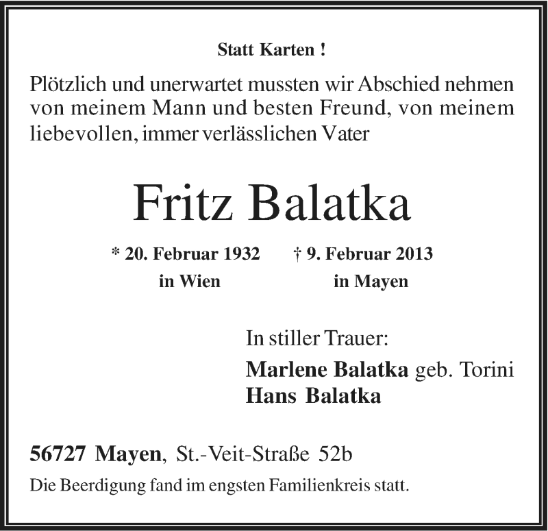  Traueranzeige für Fritz Balatka vom 20.02.2013 aus Kölner Stadt-Anzeiger / Kölnische Rundschau / Express