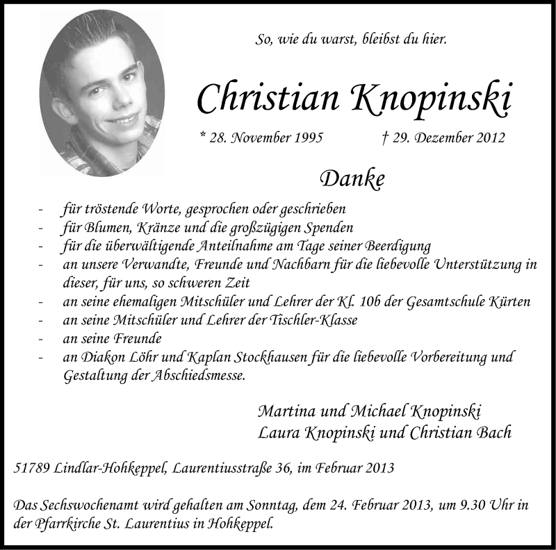  Traueranzeige für Christian Knopinski vom 19.02.2013 aus Kölner Stadt-Anzeiger / Kölnische Rundschau / Express