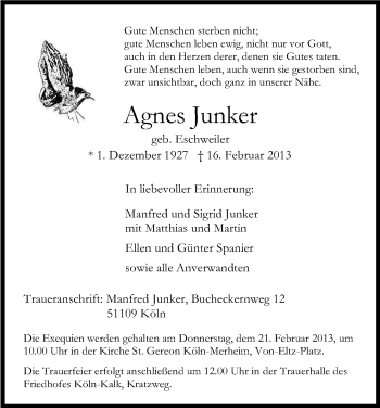 Anzeige von Agnes Junker von Kölner Stadt-Anzeiger / Kölnische Rundschau / Express
