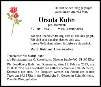 Anzeige von Kuhn Ursula von Kölner Stadt-Anzeiger / Kölnische Rundschau / Express