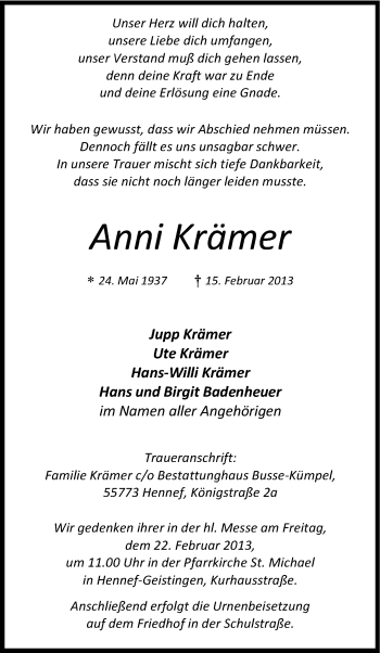 Anzeige von Anni Krämer von Kölner Stadt-Anzeiger / Kölnische Rundschau / Express