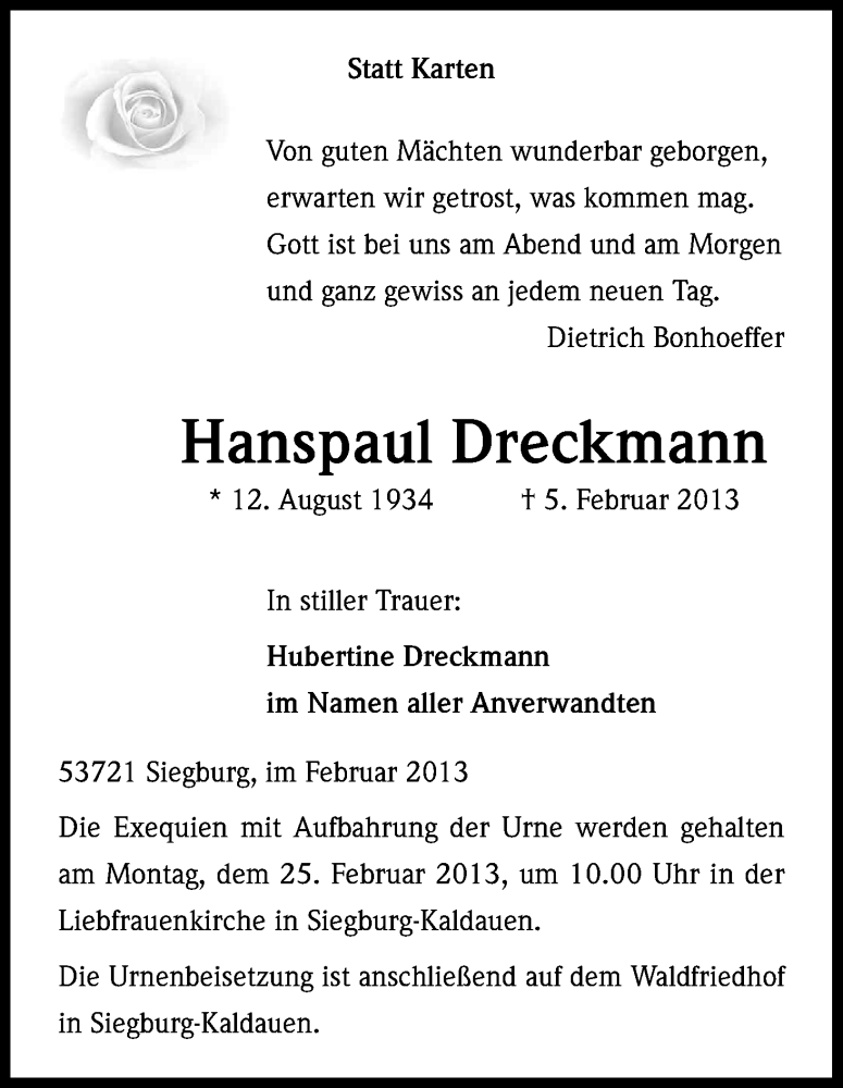  Traueranzeige für Hanspaul Dreckmann vom 19.02.2013 aus Kölner Stadt-Anzeiger / Kölnische Rundschau / Express