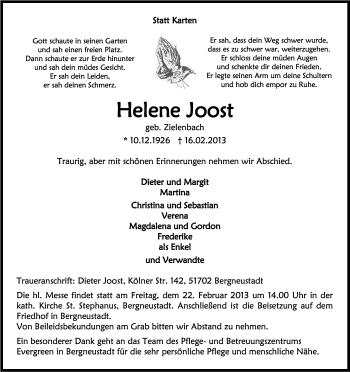 Anzeige von Helene Joost von Kölner Stadt-Anzeiger / Kölnische Rundschau / Express