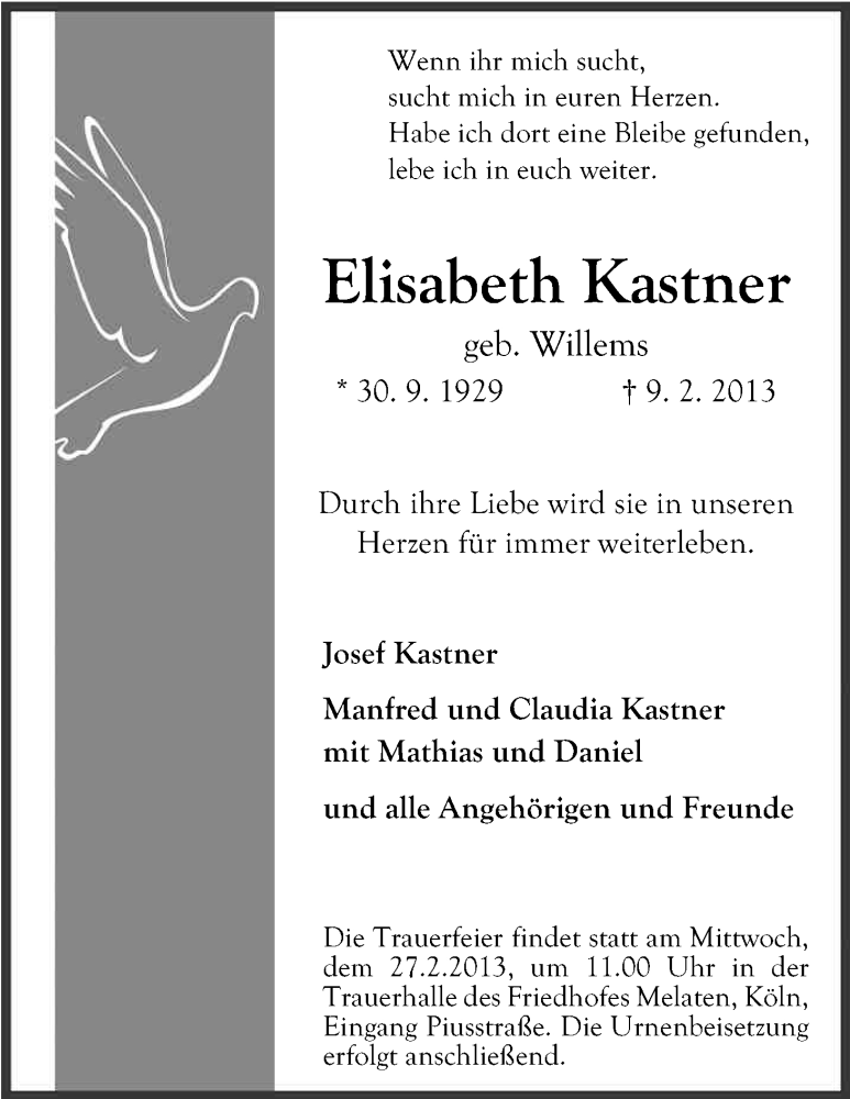  Traueranzeige für Elisabeth Kastner vom 20.02.2013 aus Kölner Stadt-Anzeiger / Kölnische Rundschau / Express