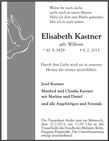 Anzeige von Elisabeth Kastner von Kölner Stadt-Anzeiger / Kölnische Rundschau / Express